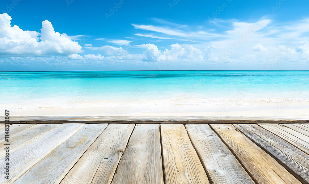 Weathered Wooden Floor on Secluded Beach, For product display.Calm Sea and Blue Sky Background Weathered Wooden Floor on Secluded Beach, For product display.Calm Sea and Blue Sky Background