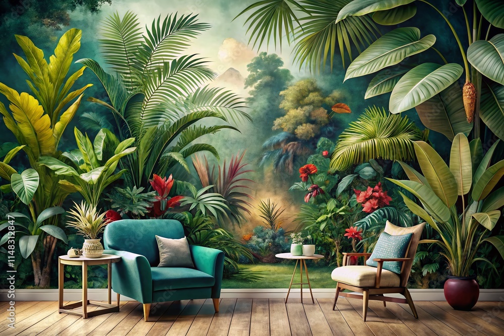 Fototapeta premium Retro Jungle Mural Wallpaper: Tropical Forest Vintage Background Art Print
