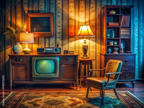 Wallpaper Mural Retro Living Room: Vintage TV Cabinet, Radio, Typewriter Workspace - AI Generated Image Torontodigital.ca