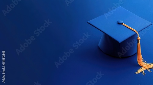 Blue graduation cap with tassel on a blue background. 