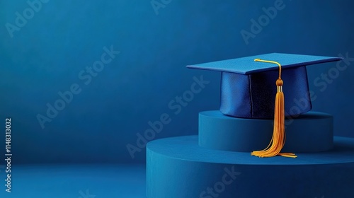 Blue graduation cap with tassel on a blue background. 