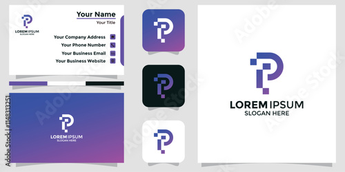 logo design letter P technology and branding card