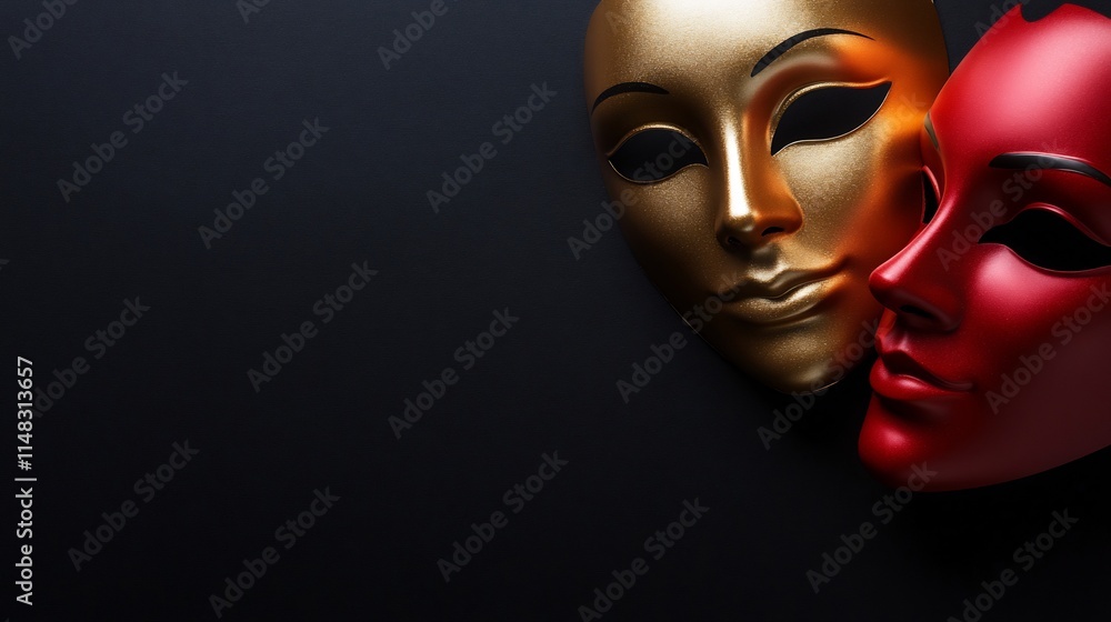 Theater Masks: Gold and Red Venetian Masks on Dark Background Theater Masks: Gold and Red Venetian Masks on Dark Background
