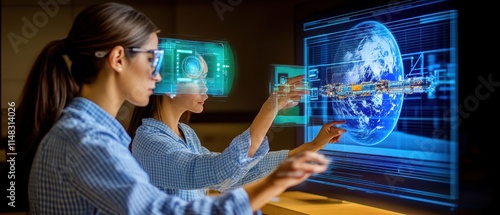 A satellite construction lab where aerospace engineers assemble a communications satellite, with holographic interfaces guiding them through intricate designs. A nearby screen displays Earth 