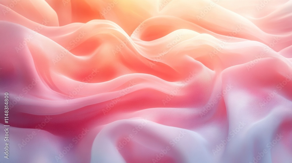 Fototapeta premium Delicate flowing waves of sheer fabric in soft pink, coral, and cream hues, creating a dreamy abstract texture resembling gentle folds of silk or chiffon. Background 