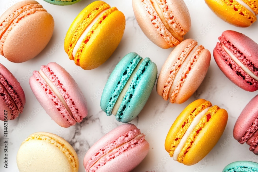 Colorful Macarons Arranged on a Marble Surface Colorful Macarons Arranged on a Marble Surface