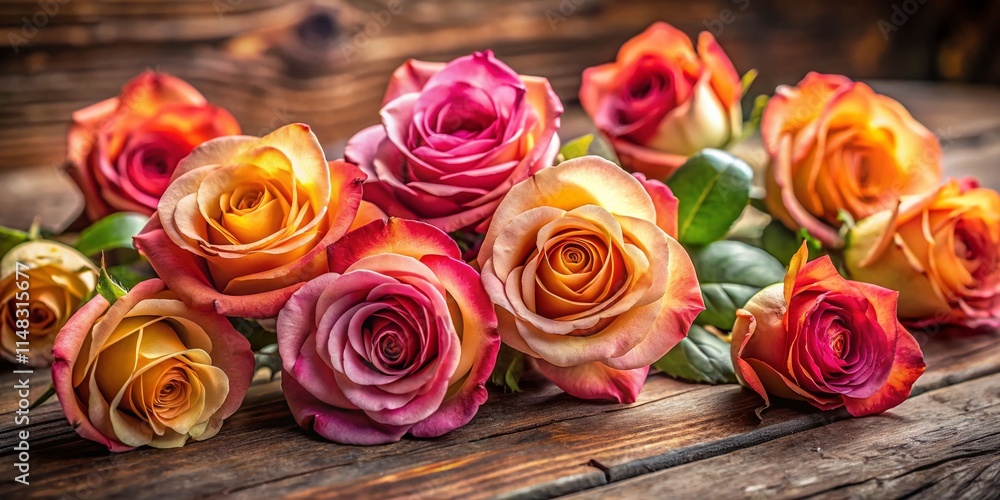 Romantic Tea Roses on Rustic Wood: Candid Photography, Close-up Flower Images, Beautiful Rose Blooms Romantic Tea Roses on Rustic Wood: Candid Photography, Close-up Flower Images, Beautiful Rose Blooms