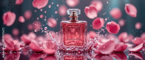 Elegant perfume bottle surrounded by floating pink petals and water splashes on a reflective surface.