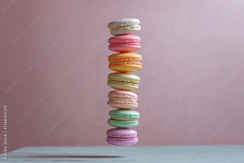A vertical stack of colorful macarons pastries A vertical stack of colorful macarons pastries