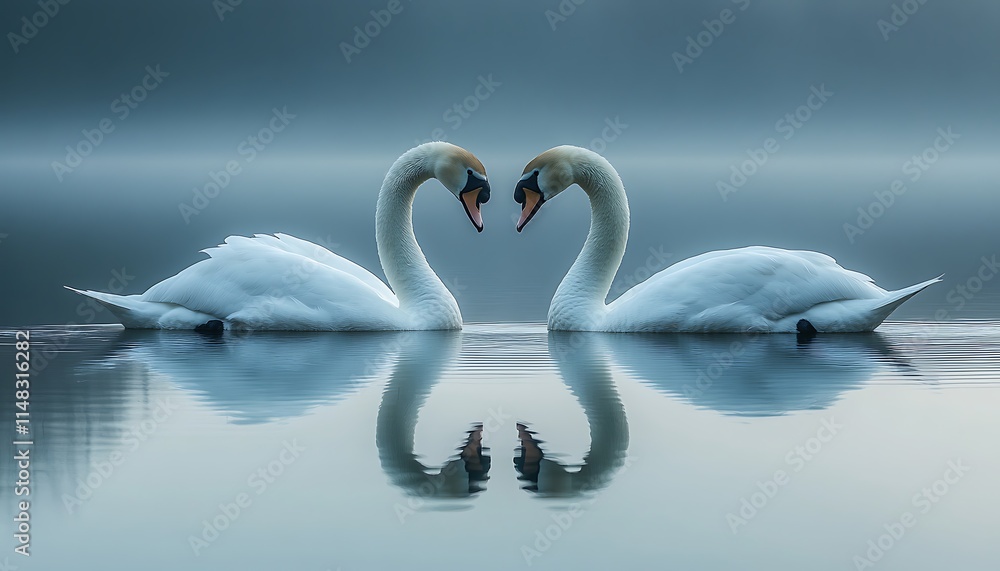 Two swans gracefully forming a heart shape in calm water. Two swans gracefully forming a heart shape in calm water.