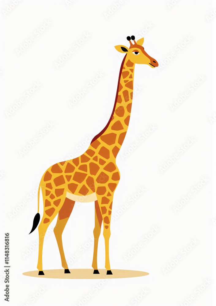 Obraz premium Playful Giraffe with Spotted Fur, Cartoon Wildlife Design on White Background 