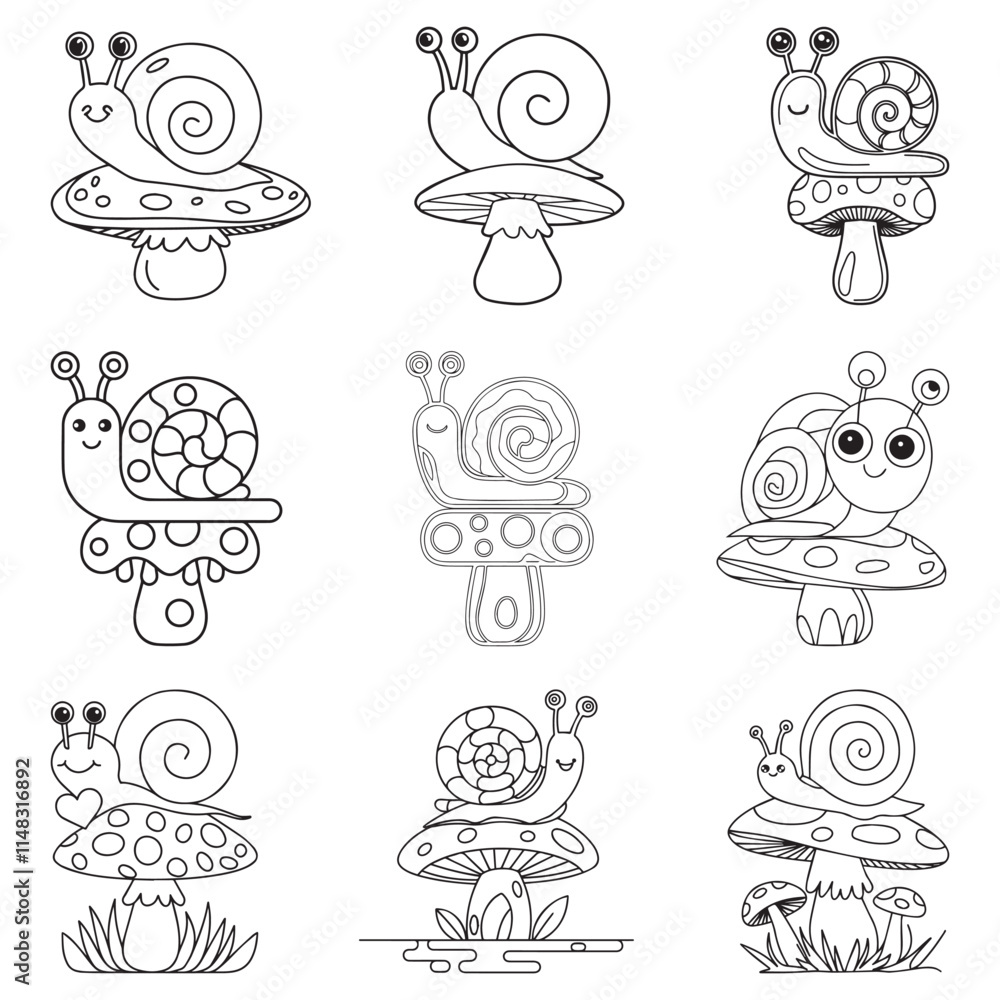 Cute Spring Snail and Mushroom Outline Coloring Page Cute Spring Snail and Mushroom Outline Coloring Page