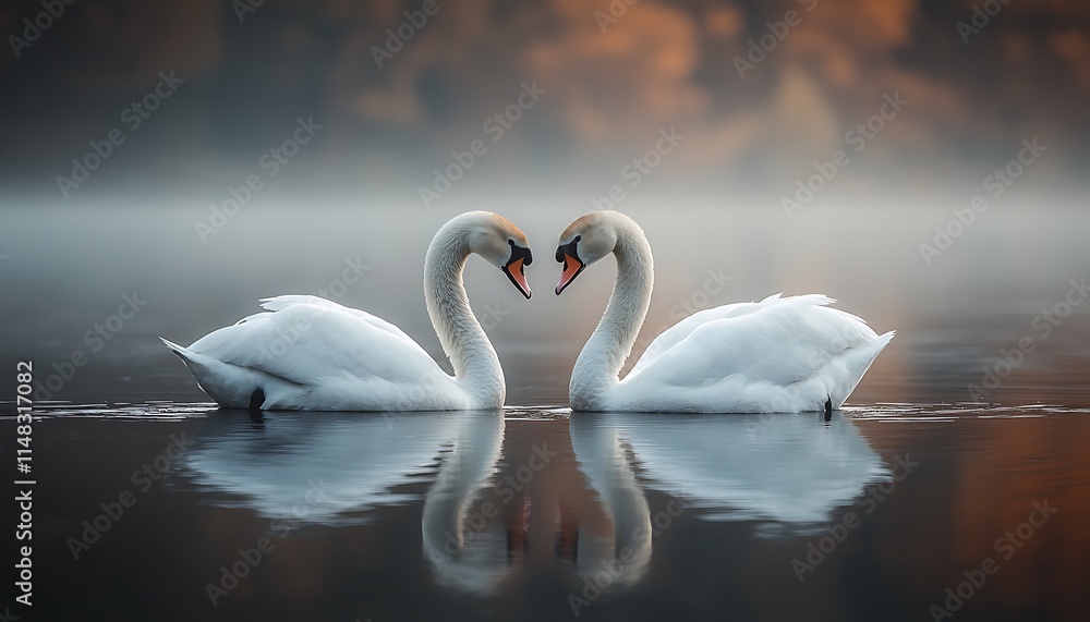 Obraz premium Two swans gracefully mirror each other on a serene lake.
