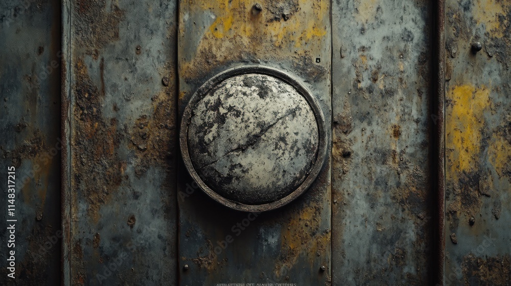 Close-up of a weathered, rusty metal surface with a circular, worn-out element. Close-up of a weathered, rusty metal surface with a circular, worn-out element.