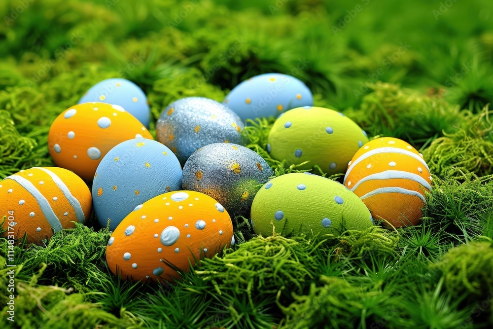 Colorful easter eggs displayed on vibrant green moss outdoor spring celebration nature photography close-up perspective Colorful easter eggs displayed on vibrant green moss outdoor spring celebration nature photography close-up perspective