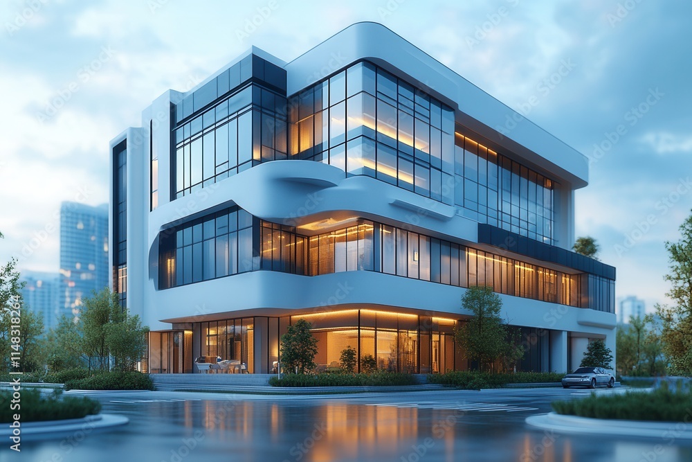 Obraz premium Modern architectural building with large glass windows and a unique design in an urban setting.