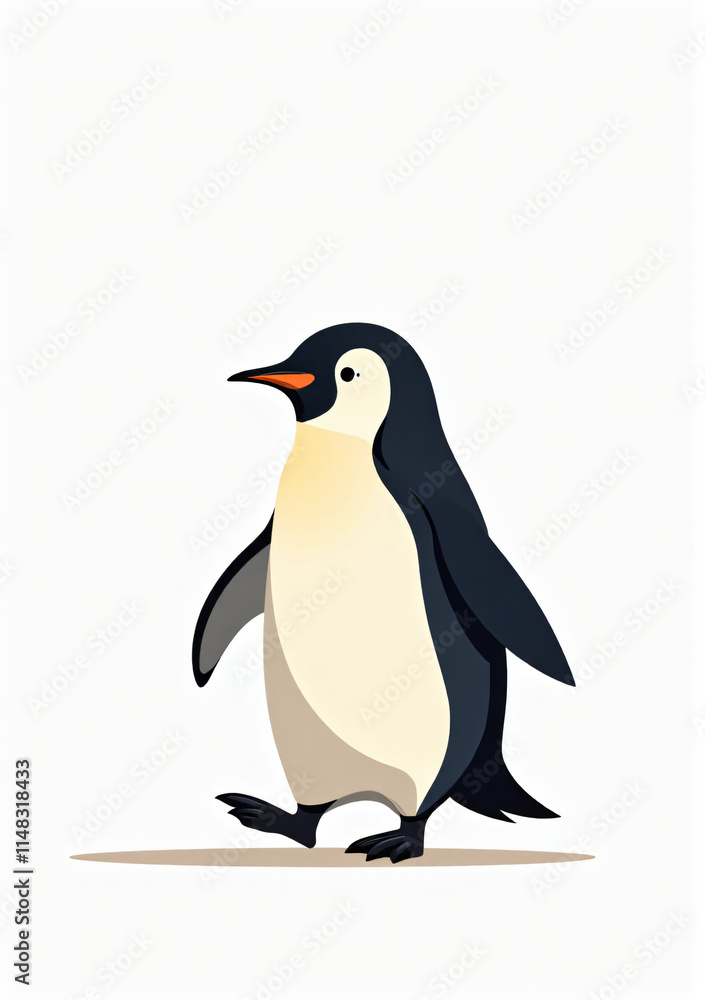 Fototapeta premium Adorable Penguin in Snow, Stylized 2D Wildlife Art on White Background