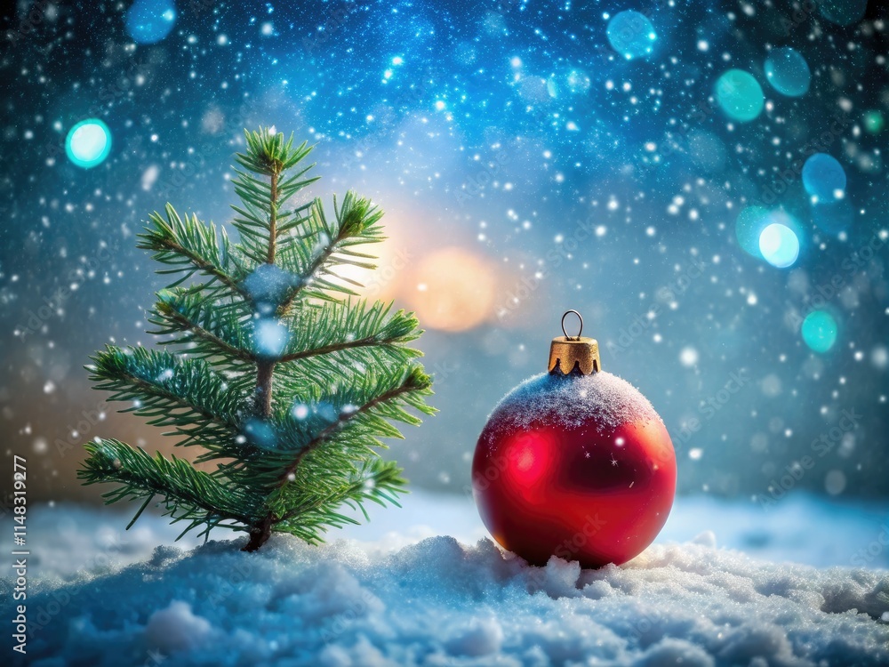 A snowy Christmas tree, adorned with a red ornament, creates a festive winter wonderland perfect for a Christmas card. A snowy Christmas tree, adorned with a red ornament, creates a festive winter wonderland perfect for a Christmas card.