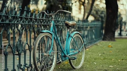 Wallpaper Mural Teal bicycle leaning against ornate fence in park. Torontodigital.ca