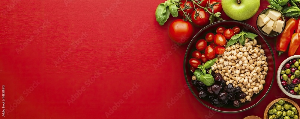 Vibrant red background filled with assorted fresh fruits and vegetables on display for healthy eating inspiration. Vibrant red background filled with assorted fresh fruits and vegetables on display for healthy eating inspiration.