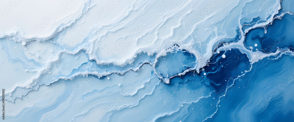 Obraz premium Ink painting in shades of blue and white, featuring silver accents, creates a stunning abstract design with organic shapes and textures, perfect for backgrounds and artistic projects.