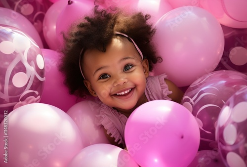 Wallpaper Mural A delighted young girl joyfully smiles amidst a sea of vibrant pink and purple balloons, celebrating pure joy Torontodigital.ca