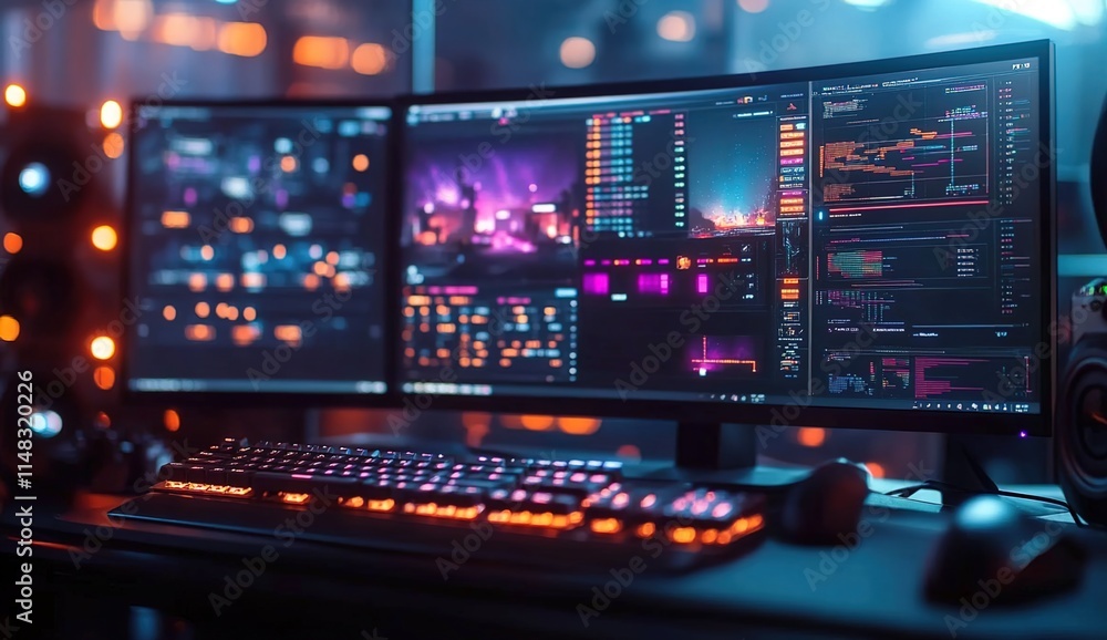 A close-up of an advanced gaming setup with multiple monitors displaying vibrant game graphics, surrounded by neon lights and futuristic mouse and keyboard equipment. A close-up of an advanced gaming setup with multiple monitors displaying vibrant game graphics, surrounded by neon lights and futuristic mouse and keyboard equipment.