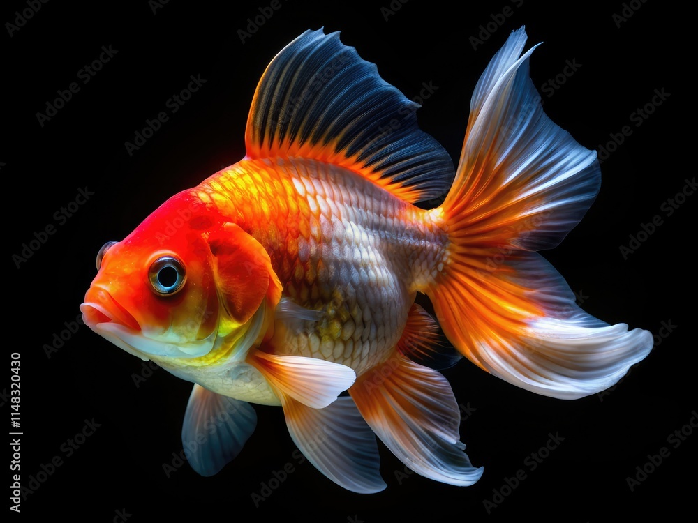 A stunning oranda goldfish, photographed in high resolution against a black backdrop, showcasing its detailed fins. A stunning oranda goldfish, photographed in high resolution against a black backdrop, showcasing its detailed fins.