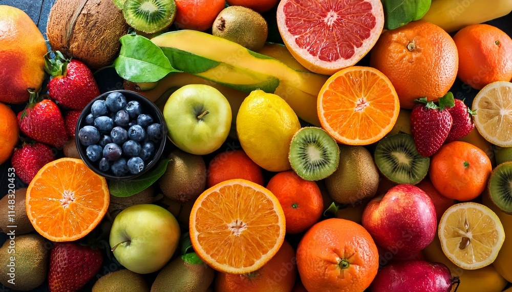 Saftige Zitrusfrüchte und Beeren auf farbenprächtigem Hintergrund Saftige Zitrusfrüchte und Beeren auf farbenprächtigem Hintergrund