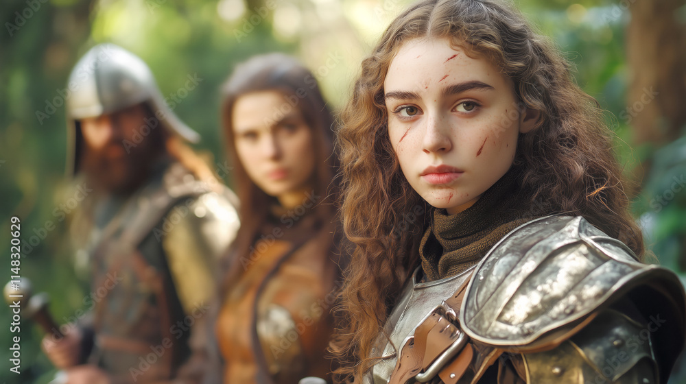 Warrior outfit and fierce expressions in the forest setting Warrior outfit and fierce expressions in the forest setting