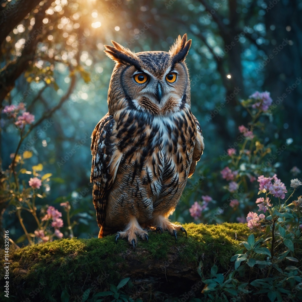 A mystical owl surrounded by a glowing magical aura in an enchanted garden. A mystical owl surrounded by a glowing magical aura in an enchanted garden.