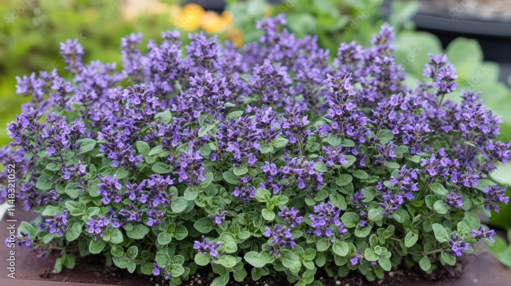 Dense cluster of light purple flowers with green foliage in a planter. Dense cluster of light purple flowers with green foliage in a planter.