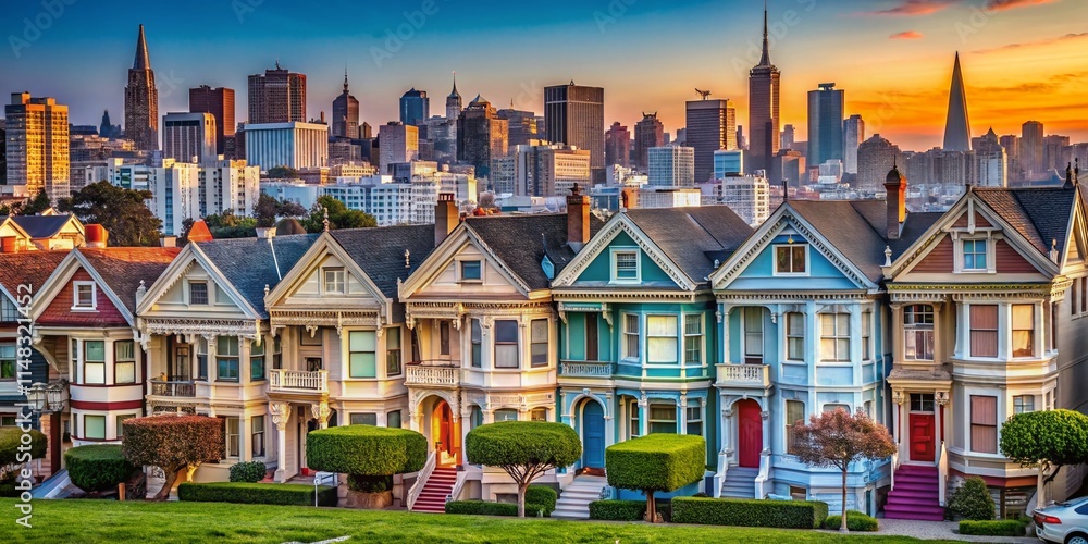 Obraz premium San Francisco Painted Ladies Victorian Houses, Iconic Row Houses, Colorful Architecture, Alcatraz Island View, California Landmark, Postcard View, Cityscape Photography