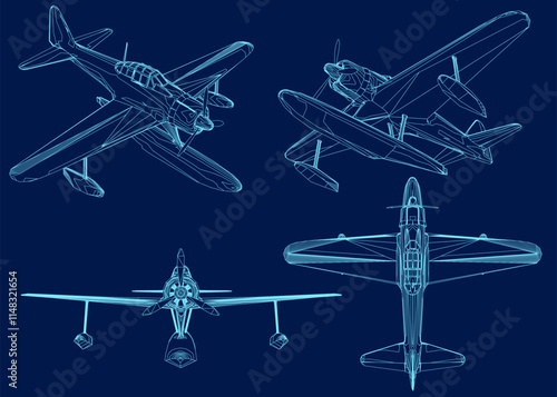 Contour plane set vector illustration. Landing on water