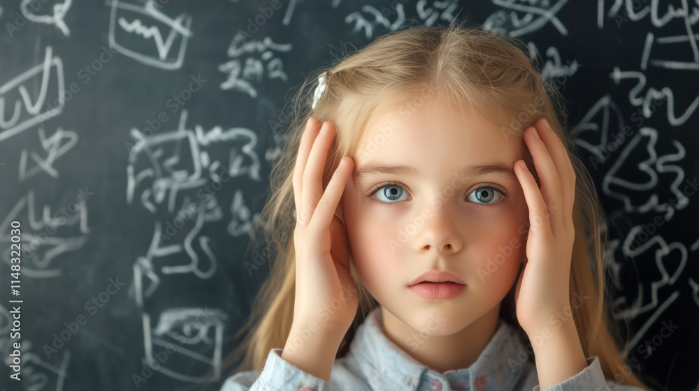 Young girl looking confused in front of chalkboard full of notes Young girl looking confused in front of chalkboard full of notes