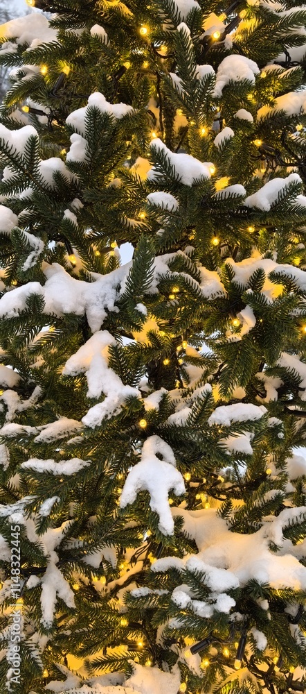 Christmas tree close up photo, artificial fir tree in snow decorated with garland outdoors in the park Christmas tree close up photo, artificial fir tree in snow decorated with garland outdoors in the park