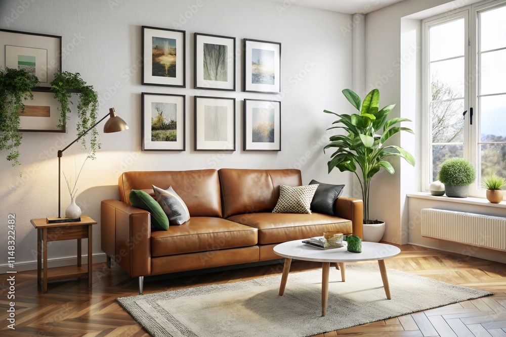 Fototapeta premium Scandinavian Living Room Design: Brown Leather Sofa, Artwork Mockup, Aerial Photography