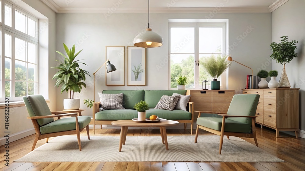 Fototapeta premium Scandinavian Mid-Century Modern Living Room: Minimalist Interior Design Inspiration