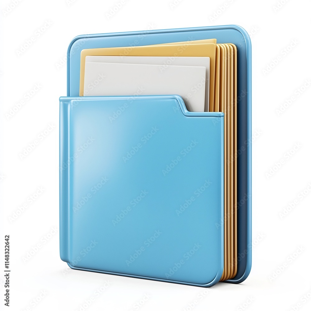 Blue 3D Cartoon Folder Icon with Document Peeking Out on White Background Blue 3D Cartoon Folder Icon with Document Peeking Out on White Background