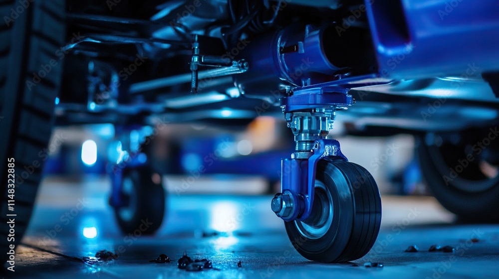 Fototapeta premium Close-up of blue chassis and wheels of a vehicle.