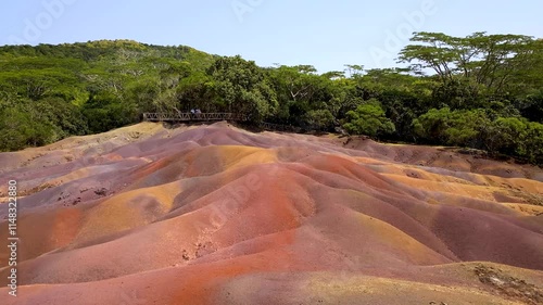 Chamarel Seven Colored Earth Geopark in Mauritius Island. Colorful panoramic landscape about this volcanic geological formation Chamarel Seven Colored Earth Geopark in Riviere noire district.