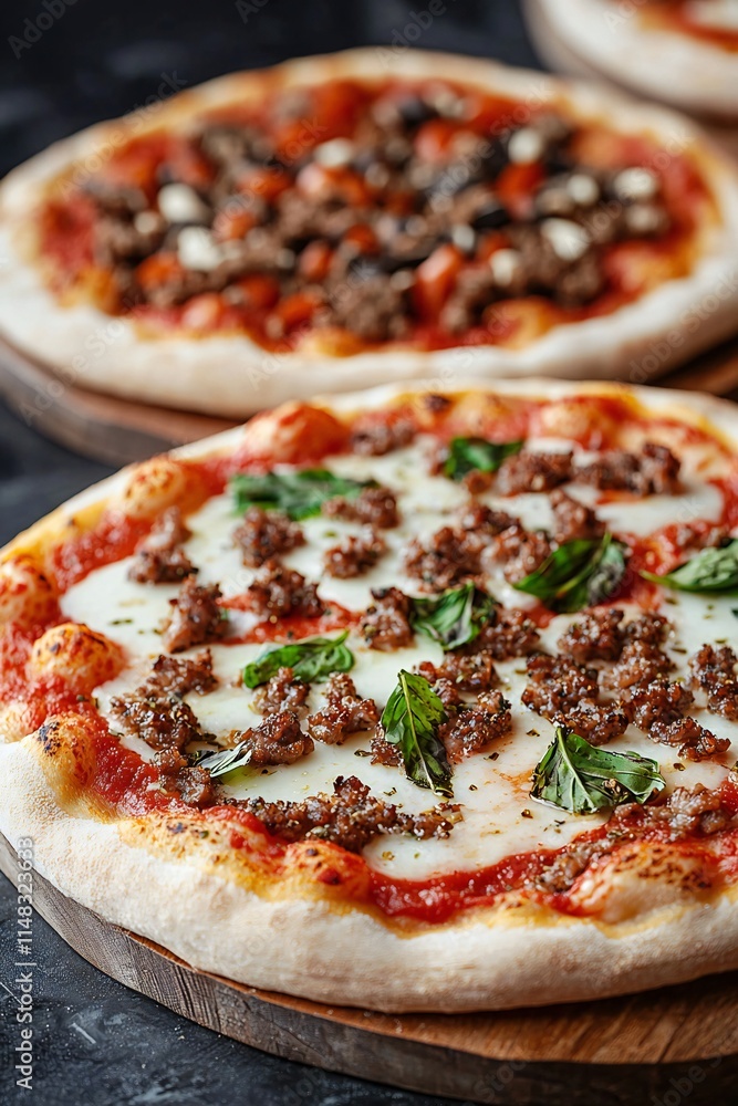 National Pizza Day Delicious Italian Pizza with Sausage Basil and Mozzarella Cheese National Pizza Day Delicious Italian Pizza with Sausage Basil and Mozzarella Cheese