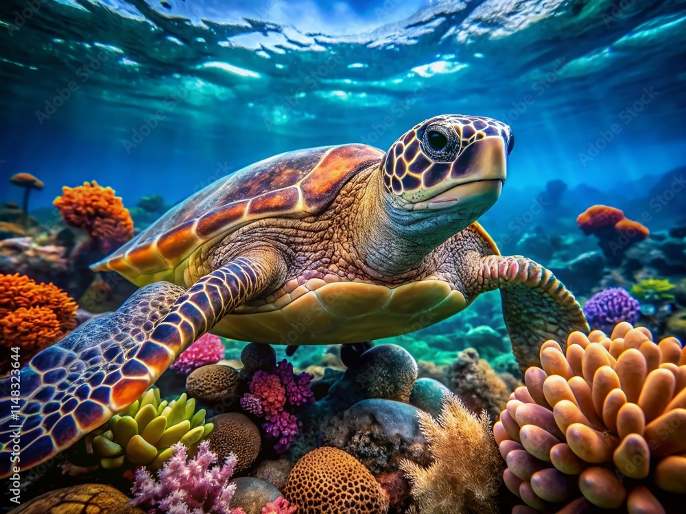 Fototapeta premium Sea Turtle Rescue: Underwater Coral Reef Ecology Photography