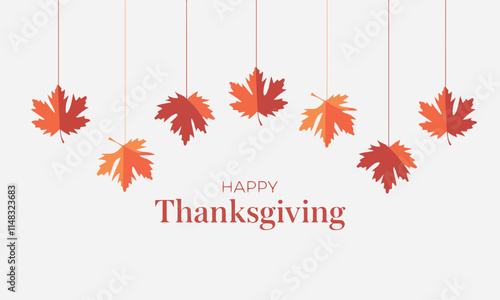 Happy Thanksgiving Day typographic poster design template. Thank you greeting card with branches and hanging maple leaves. Festive banner and badge vector illustration. photo