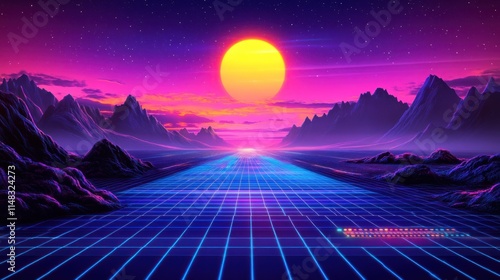 Retro Sunset Over Futuristic Highway Through Mountains
