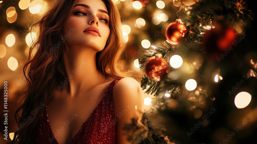 Beautiful woman in red dress near a decorated Christmas tree. Beautiful woman in red dress near a decorated Christmas tree.