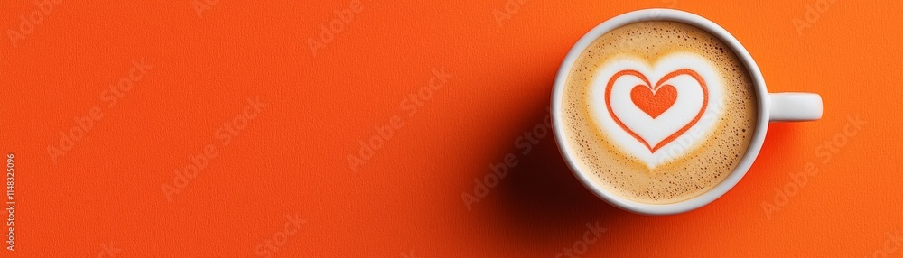valentine cozy moment. Coffee with heart design on vibrant orange background valentine cozy moment. Coffee with heart design on vibrant orange background