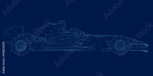 Wireframe of a F1 race car. Formula 1 Vector blueprint isolated on a blue background. Side view. 3D
