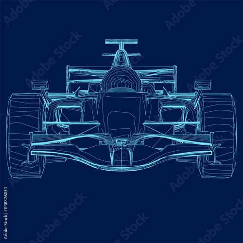 Contour of a F1 race car. Formula 1 Vector blueprint isolated on a blue background. Front view. 3D