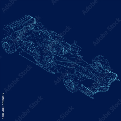Wireframe of a F1 race car. Formula 1 Vector blueprint isolated on a blue background. Isometric view. 3D